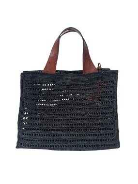 $265 Ibeliv Black Woven Straw Brown Leather Double Handle Shoulder Bag Tote